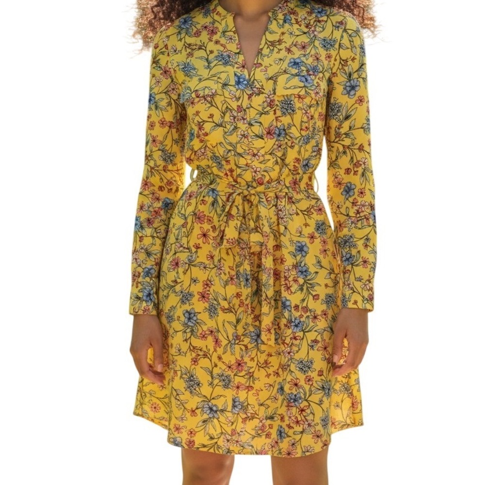 NANETTE LEPORE Yellow Cottage Floral Long Sleeve Belted Shirt Dress‎ Size 2